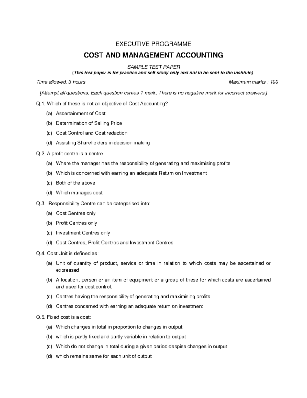 CMA-MCQ 100: Cost & Management Accounting Practice Questions - Studocu