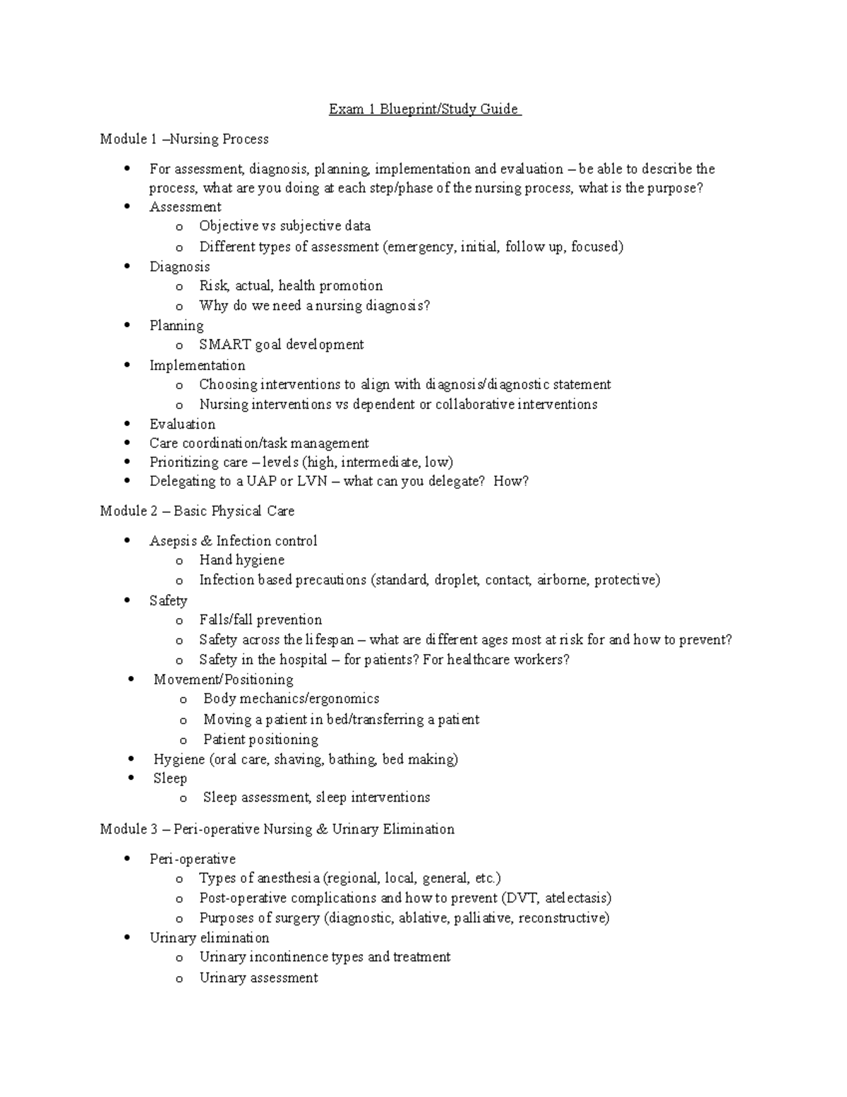 NUR 101 Exam 1 Study Guide: Nursing Process & Basic Care - Studocu