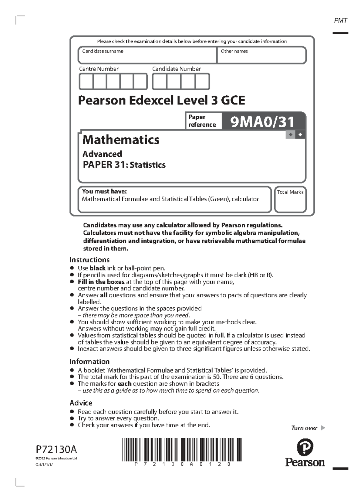June 2022 Edexcel Level 3 GCE Mathematics Paper 31: Statistics Exam ...