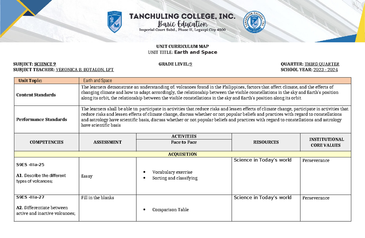 3Q CM Science 9: Earth and Space Unit Curriculum Map - Studocu