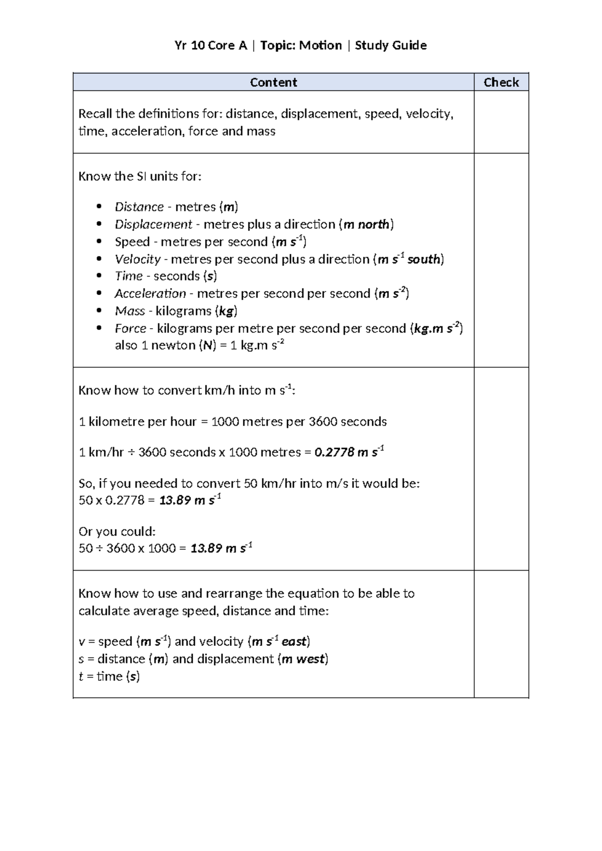 Yr 10 Core A Motion Study Guide: Key Concepts & Formulas - Studocu