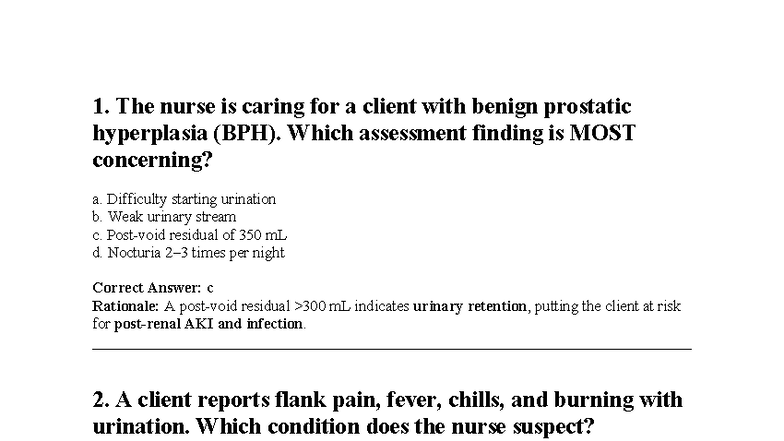 NCLEX Practice Questions: Nursing Care for BPH & AKI - Studocu