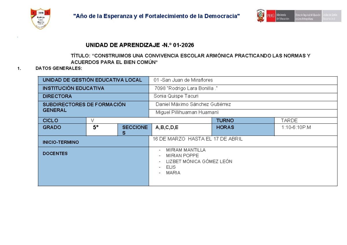 Unidad de Aprendizaje 01: Convivencia Escolar Armónica en 5to Grado ...