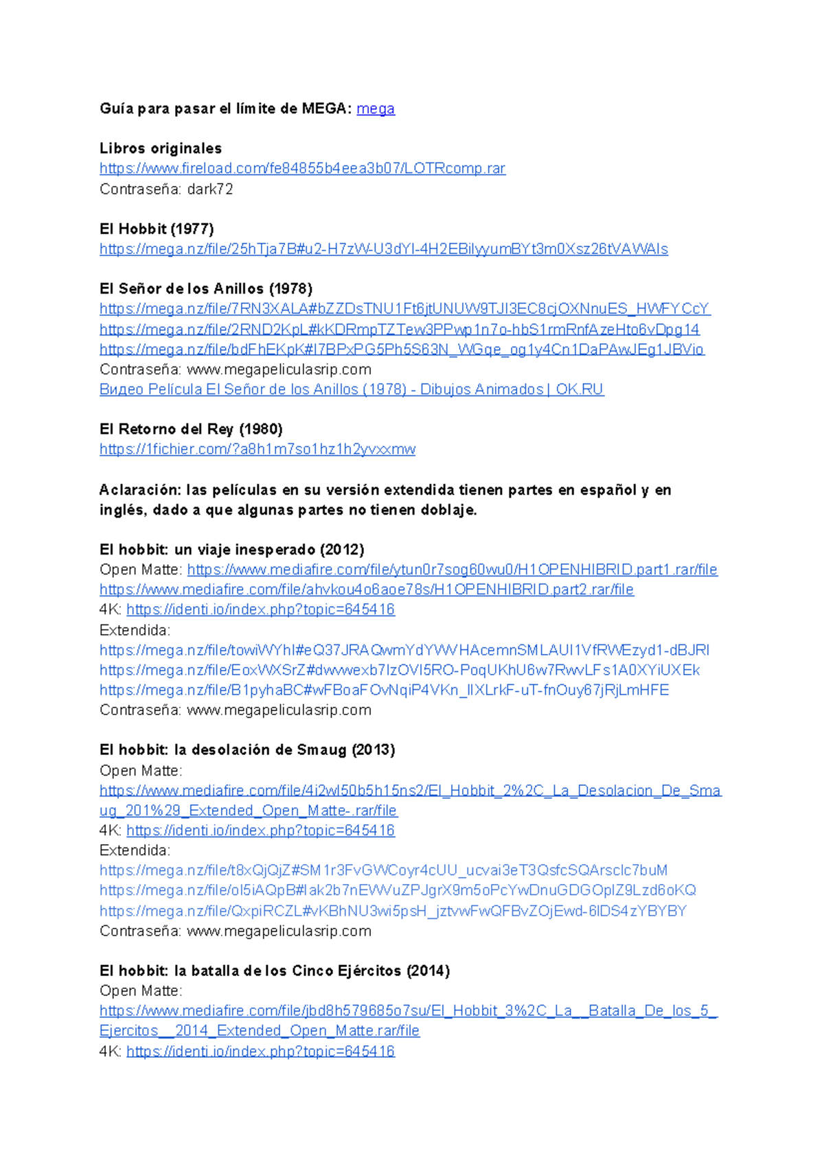 Guía de Descarga: El Señor de los Anillos y El Hobbit (MEGA) - Document Preview