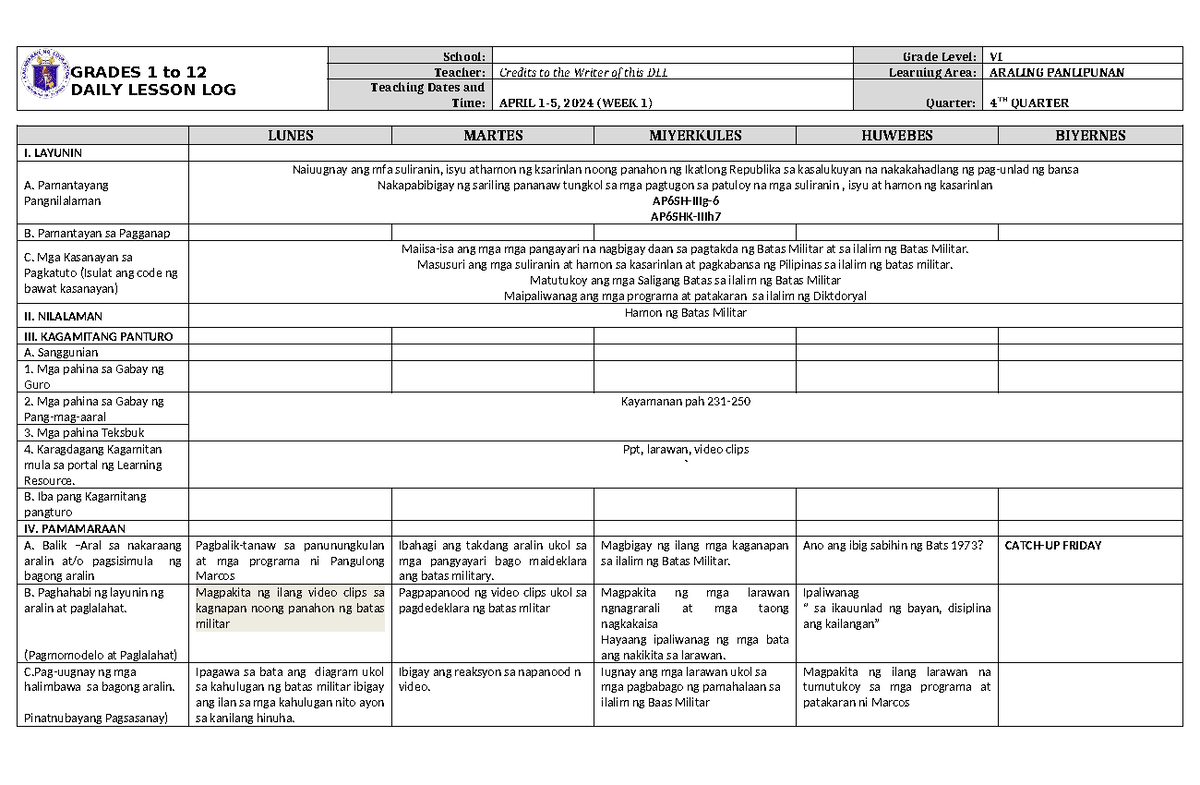 DLL Araling Panlipunan 6 Q4 W1 - GRADES 1 to 12 DAILY LESSON LOG School ...