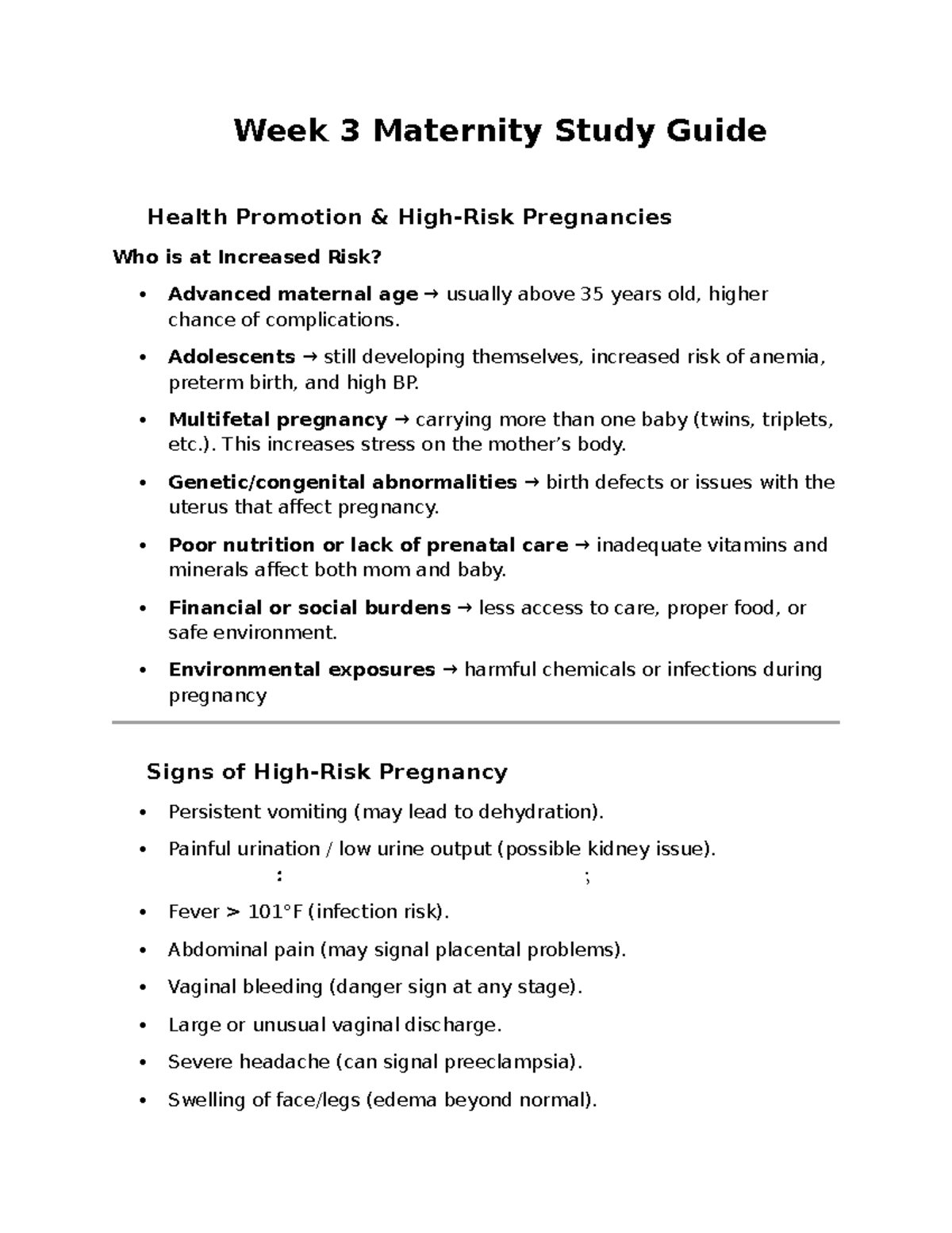Week 3 Maternity Study Guide: Health Promotion & Risks in Pregnancies ...