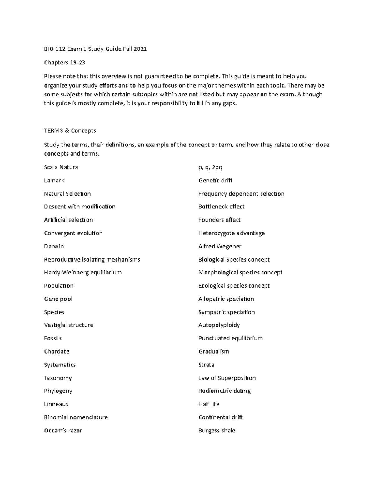 BIO 112 Exam 1 Study Guide: Key Concepts & Study Questions - Studocu