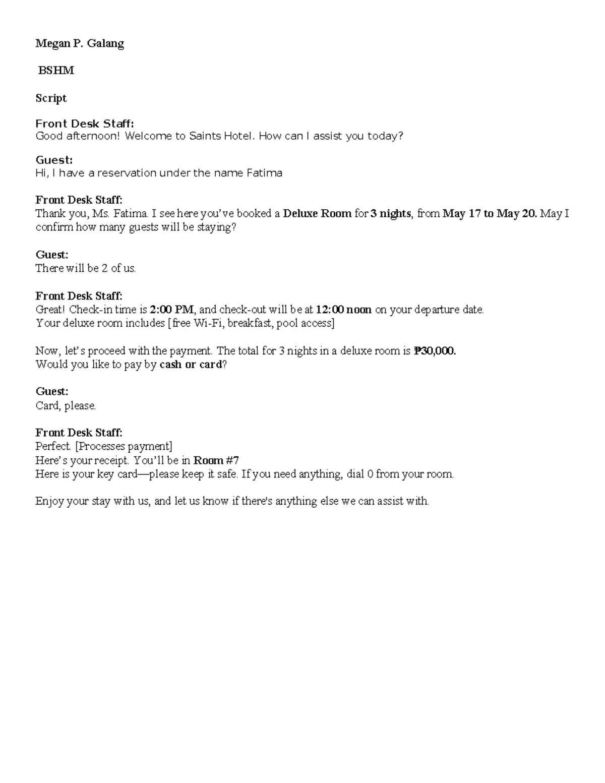 BSHM Script: Front Desk Interaction for Hotel Reservations - Studocu