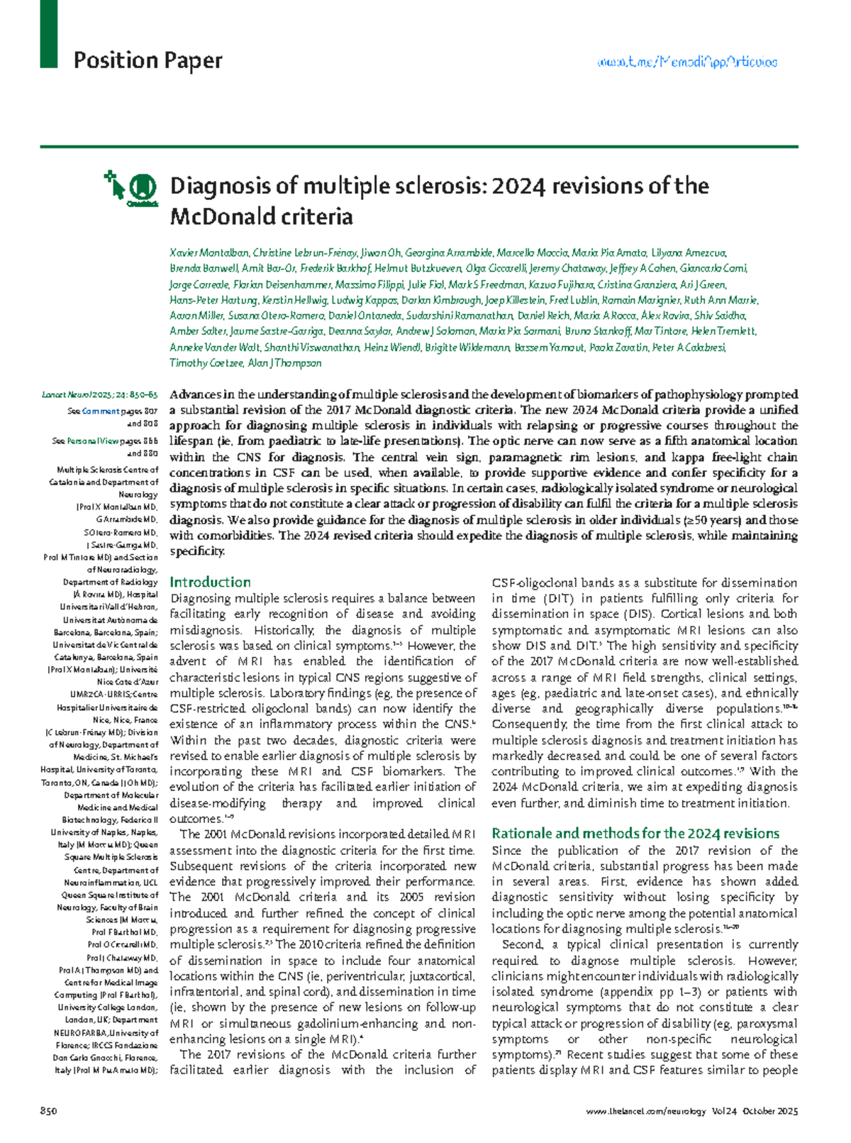 Position Paper: Diagnosis of Multiple Sclerosis - 2024 McDonald ...