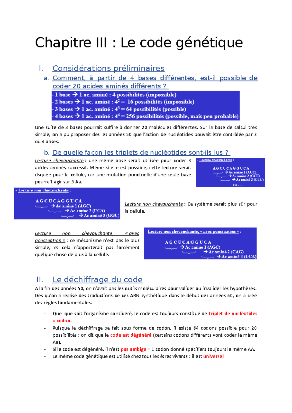 chapitre 3, le code génétique - Chapitre III : Le code génétique I ...