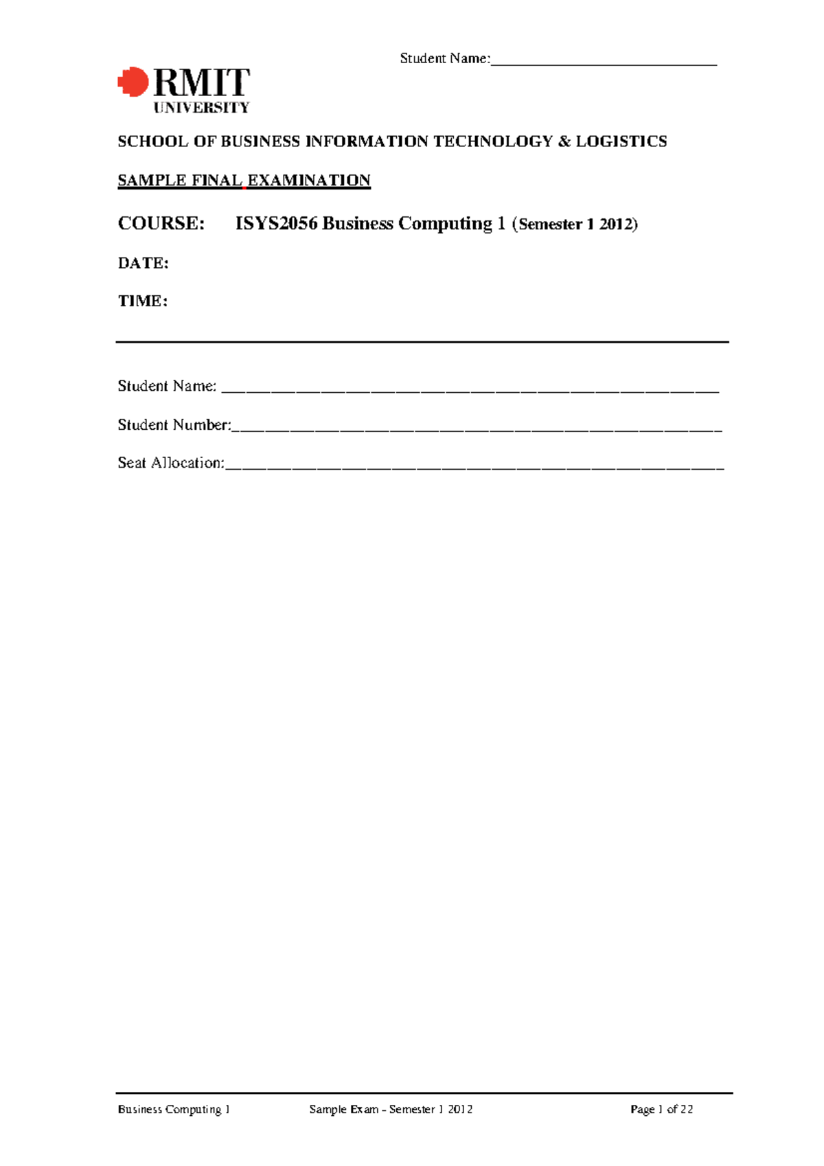 Exam - Sample Final Exam. Watch out for these. - SCHOOL OF BUSINESS ...