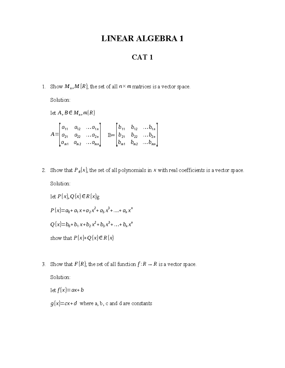 Linear Algebra 1 - REVISION - LINEAR ALGEBRA 1 CAT 1 Show M n , M ( R ...