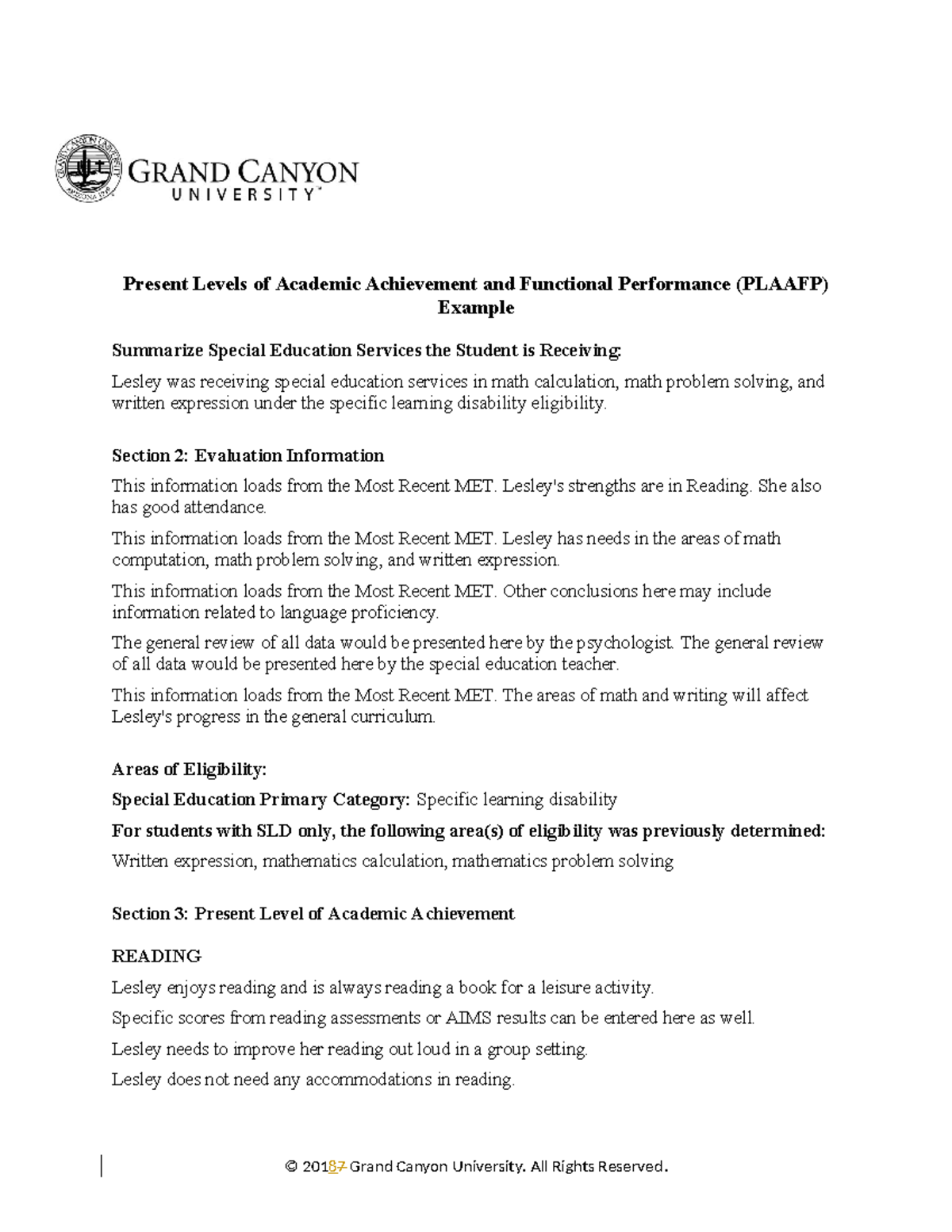 SPD-510 RS T4-Present Levels Example - Present Levels of Academic ...