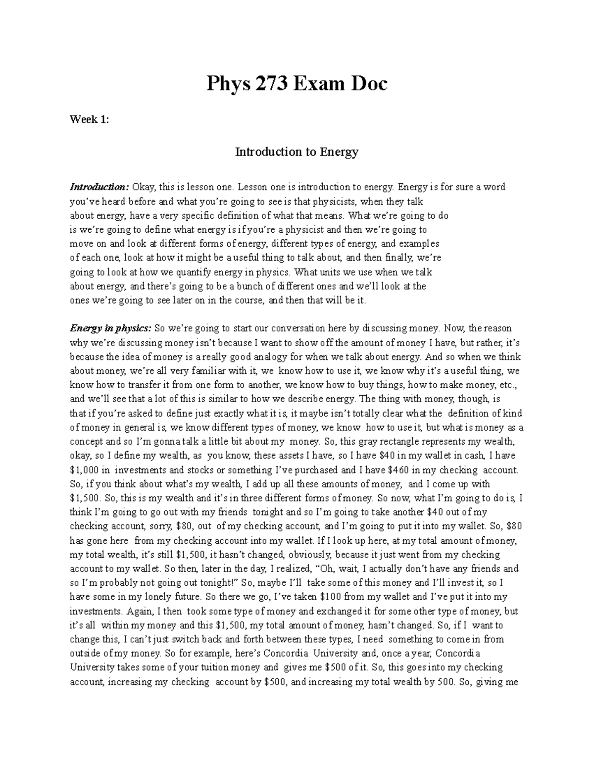 PHYS 273 Final Exam Notes: Introduction to Energy Concepts - Studocu