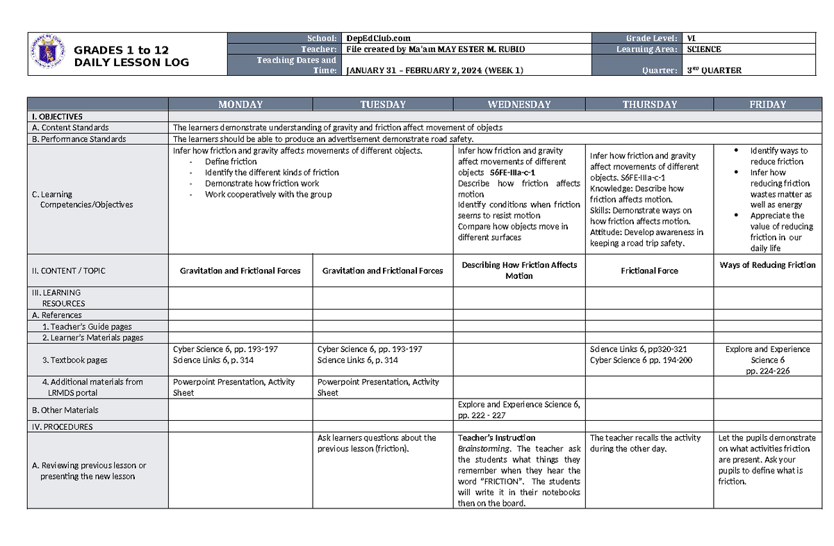 DLL Science 6 Q3 W1 - COURSE - GRADES 1 to 12 DAILY LESSON LOG School ...