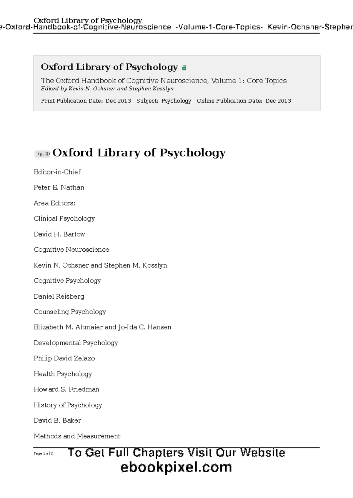 The Oxford Handbook of Cognitive Neuroscience (PSY 101) - Volume 1 ...