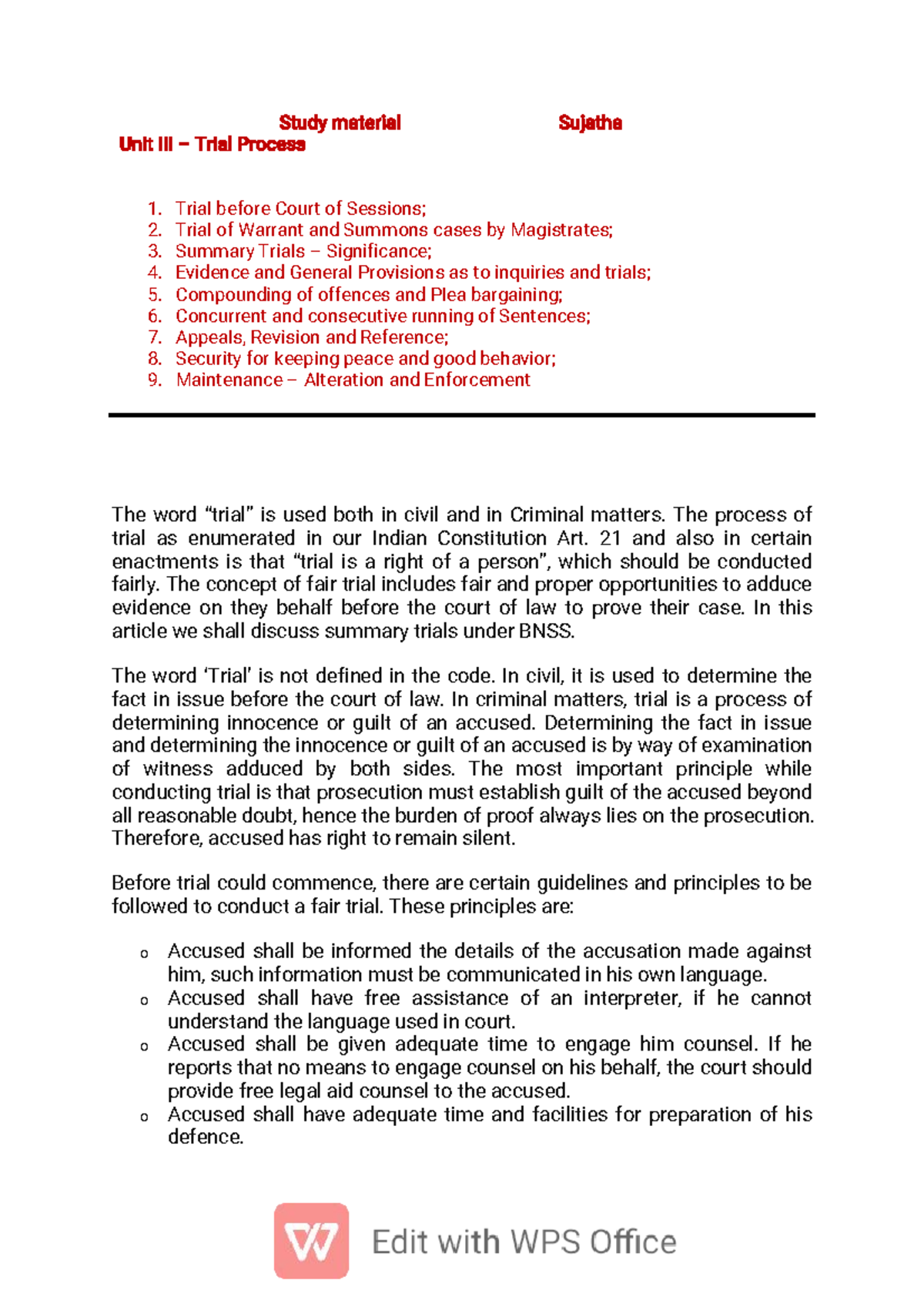 BNSS Notes Unit III: Understanding the Trial Process in Criminal Law - Document Preview