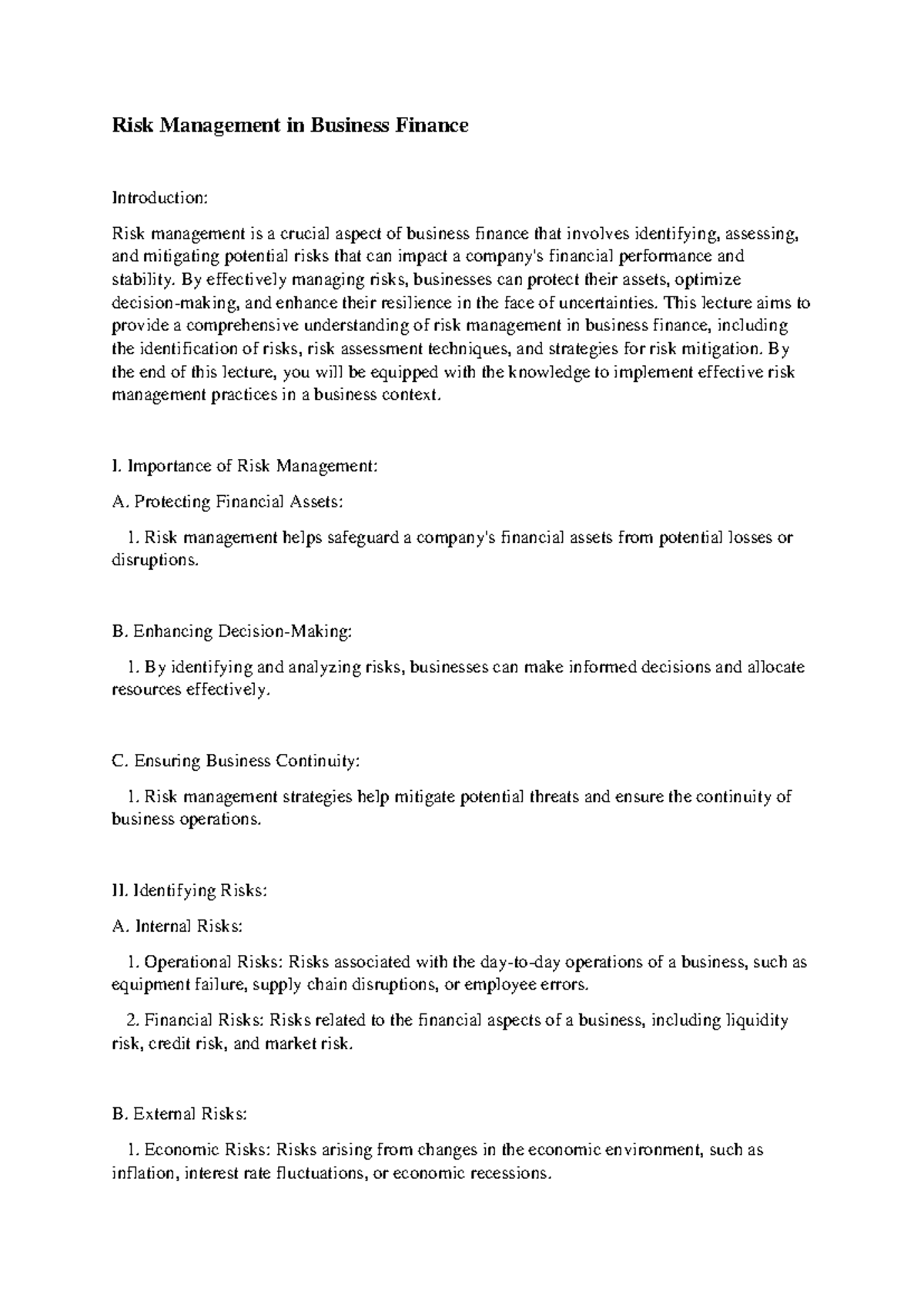 Risk Management Strategies in Business Finance (Course: FIN101) - Studocu