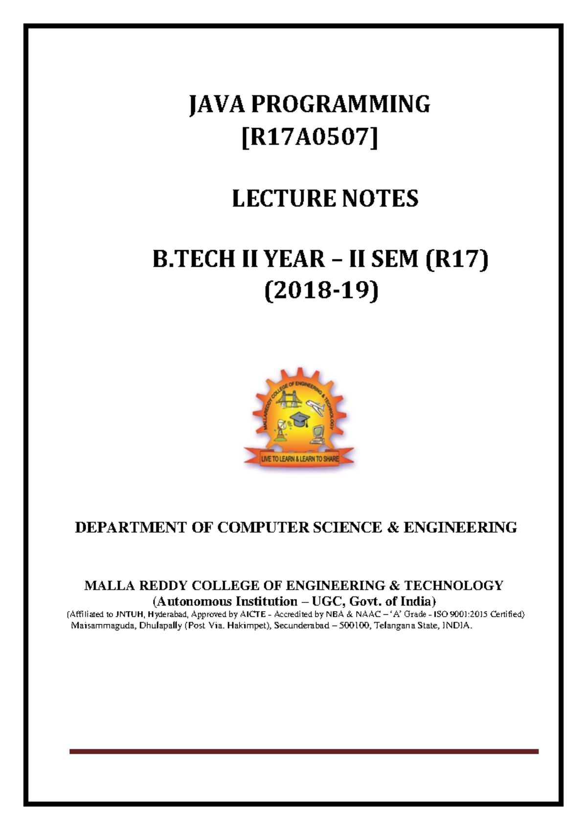 Java Programming Lecture Notes [R17A0507] - B.Tech II Year II Sem - Studocu