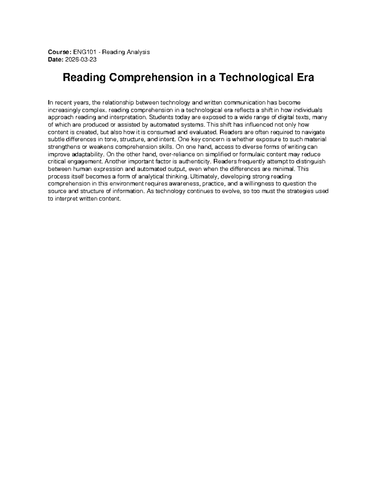 ENG101 Lecture Notes: Reading Comprehension in a Tech Era - Studocu