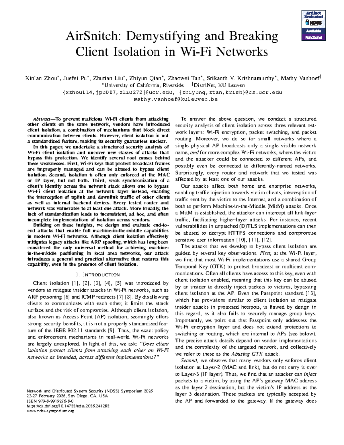 AirSnitch: Analyzing Client Isolation Vulnerabilities in Networks (NDSS ...