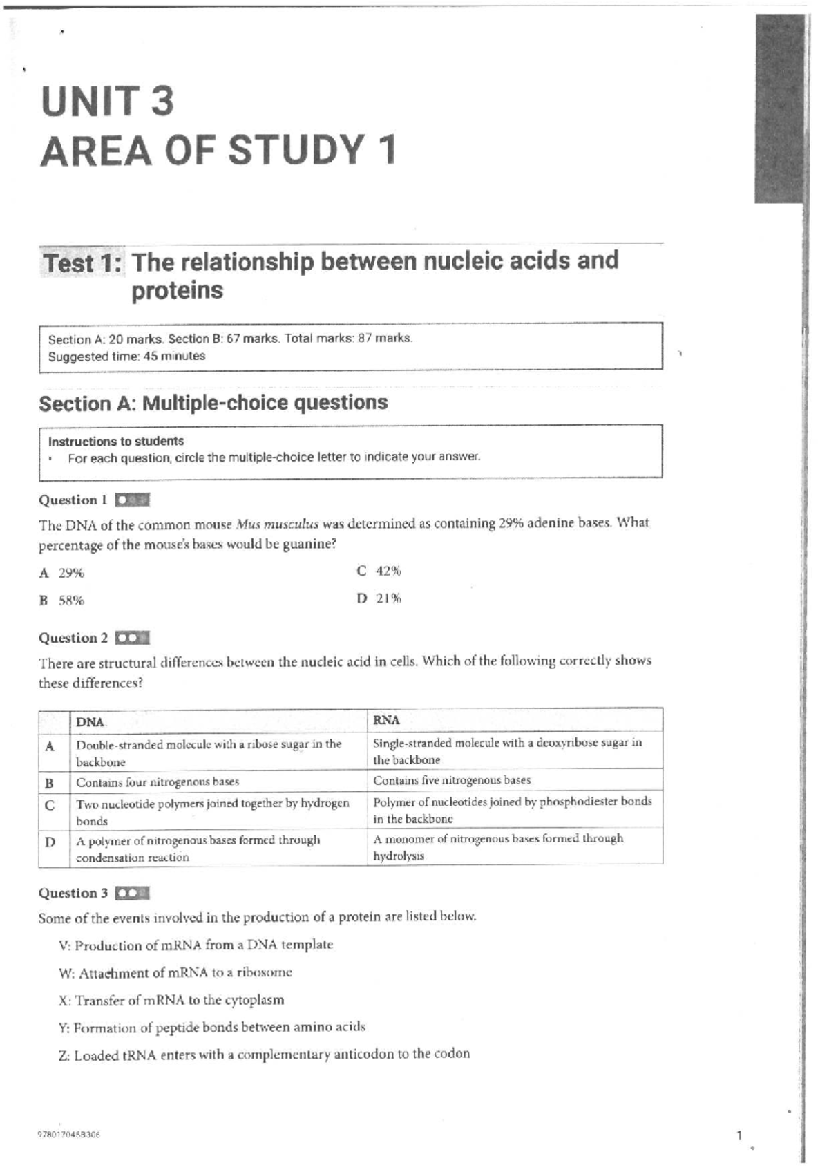 UNIT 3 A+ Test 1: Nucleic Acids and Proteins Relationship Exam - Studocu