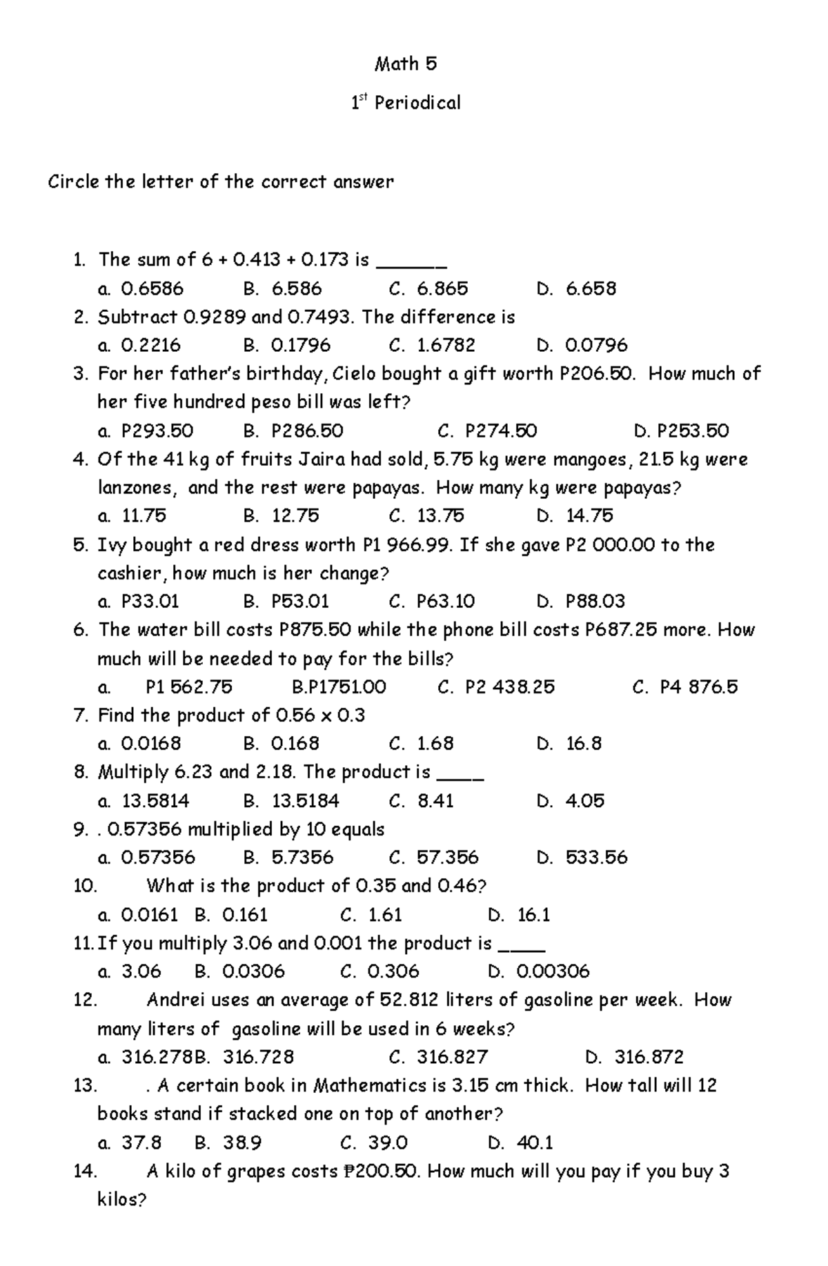 430110722-Math-5 - Periodical Exam Questions and Answers - Studocu