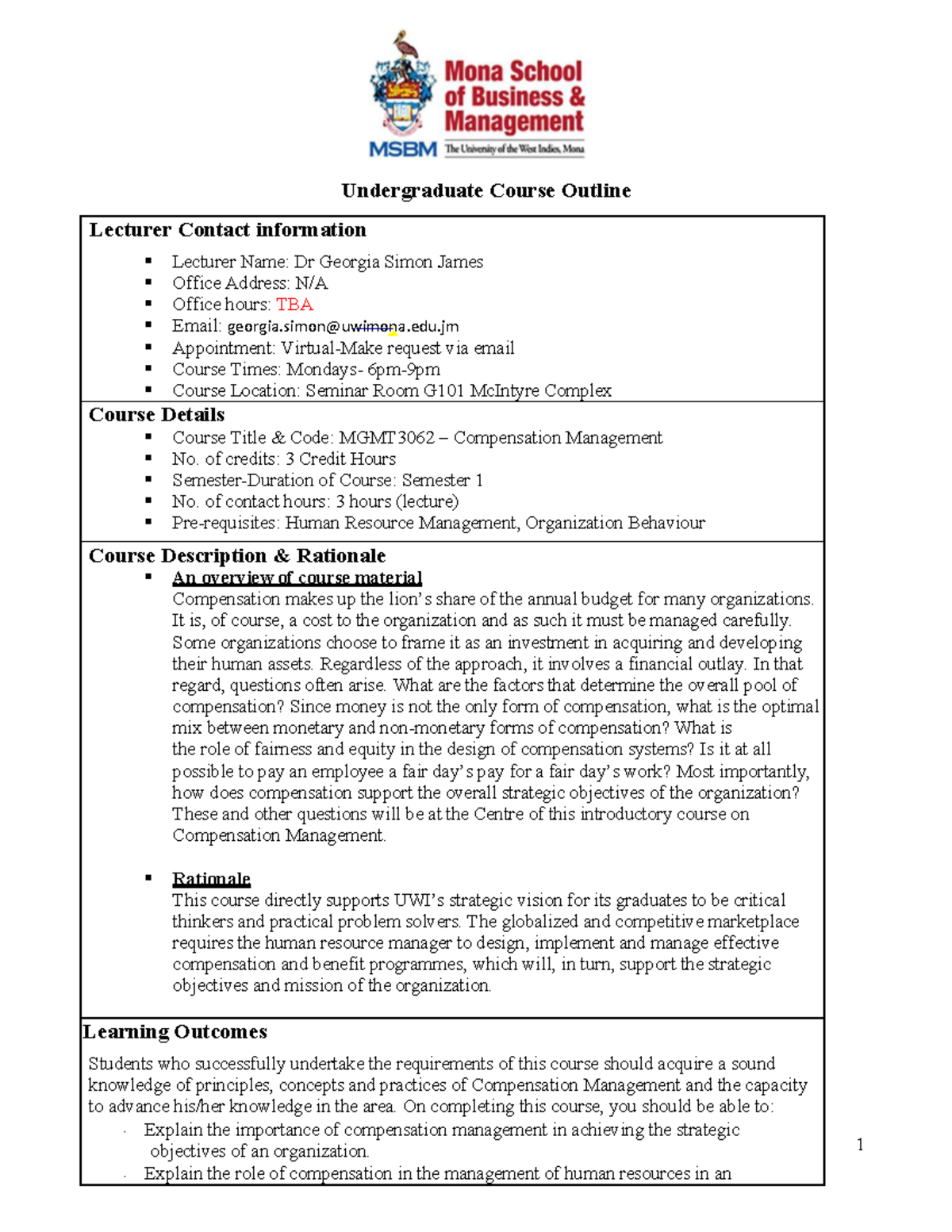 MGMT3062 - Comprehensive Course Outline for Compensation Management ...