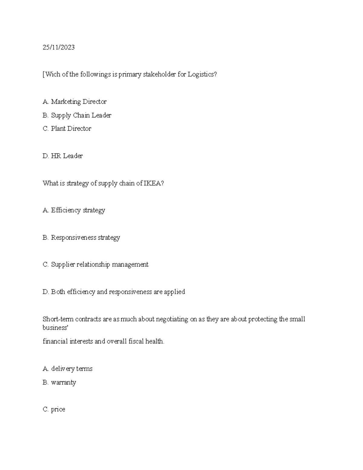 SCM 101 - Supply Chain Management Quiz Questions and Answers - Studocu