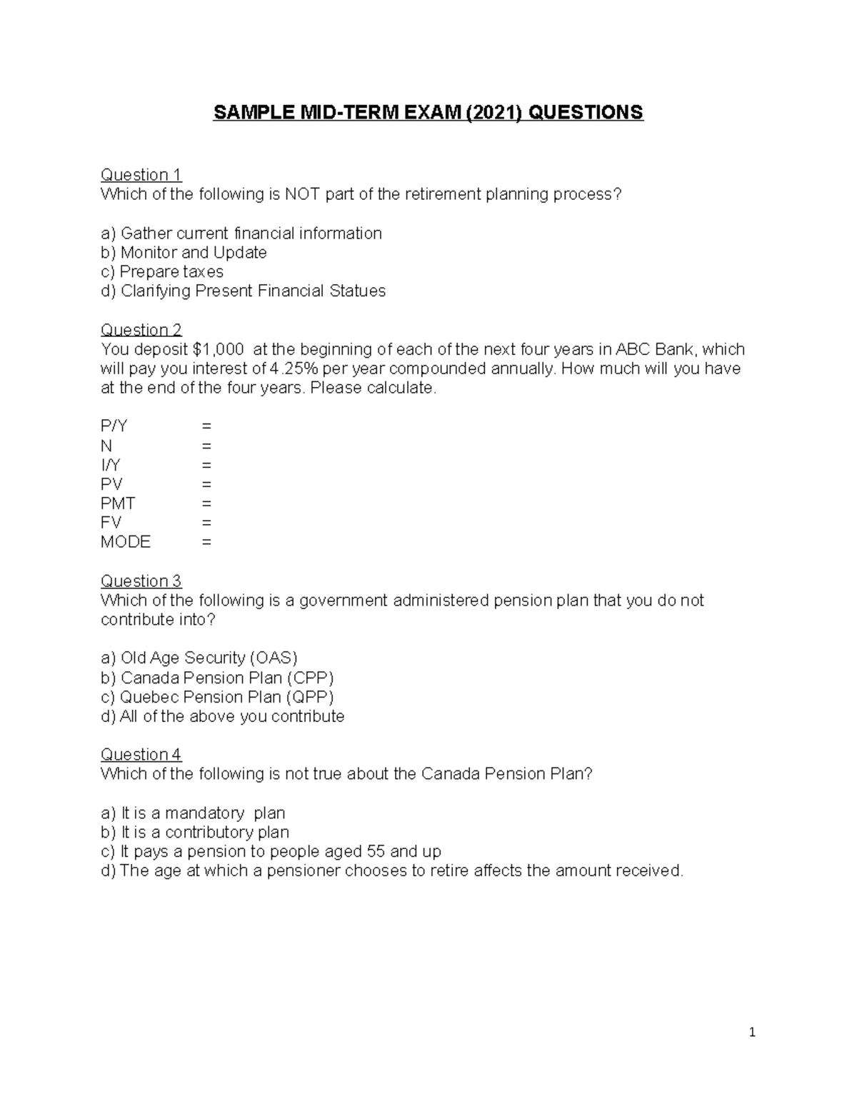 Sample Mid-Term Exam Questions for Retirement Planning (Humber 2021 ...