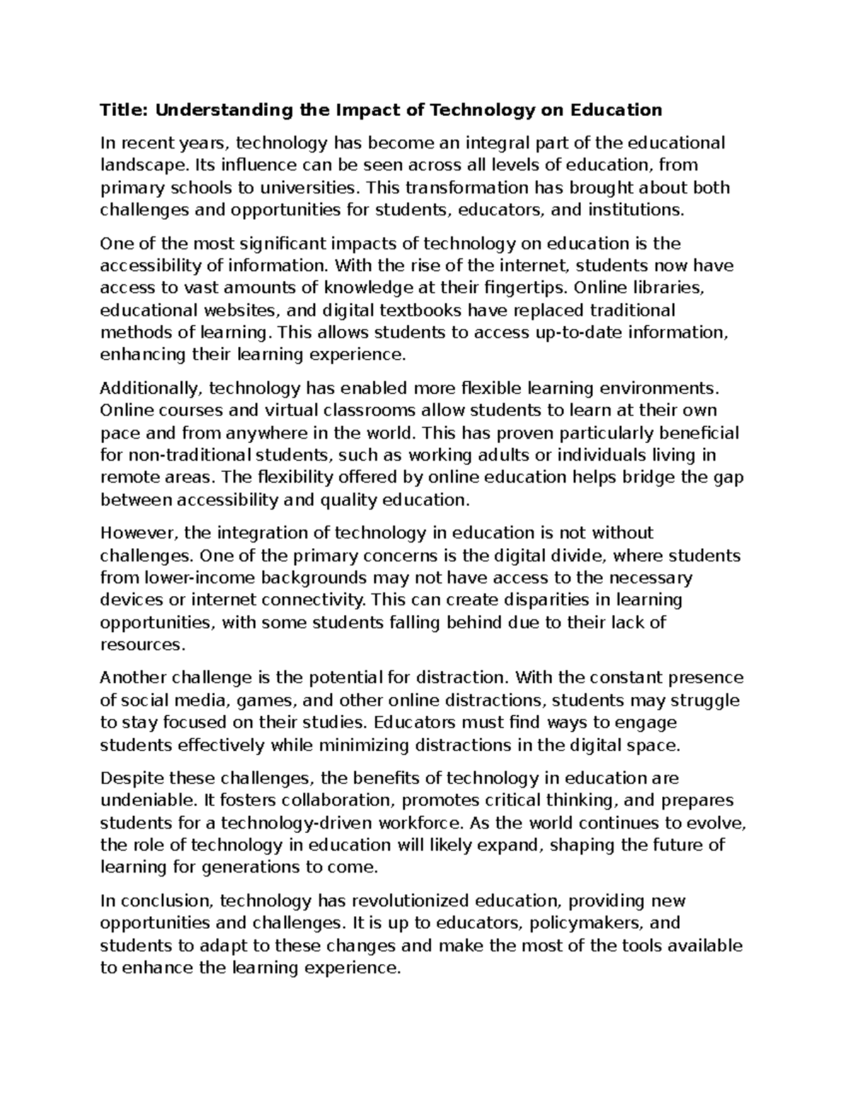 Title - Understanding the Impact of Technology on Education - Title ...