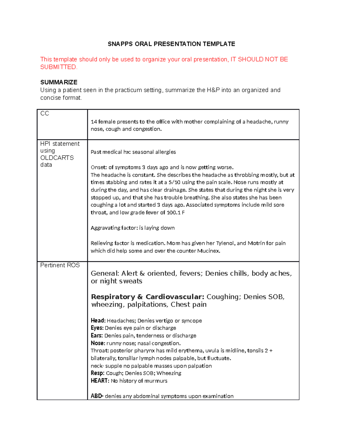 NR511(RS) SNAPPS Oral Presentation Template and Instructions - Studocu
