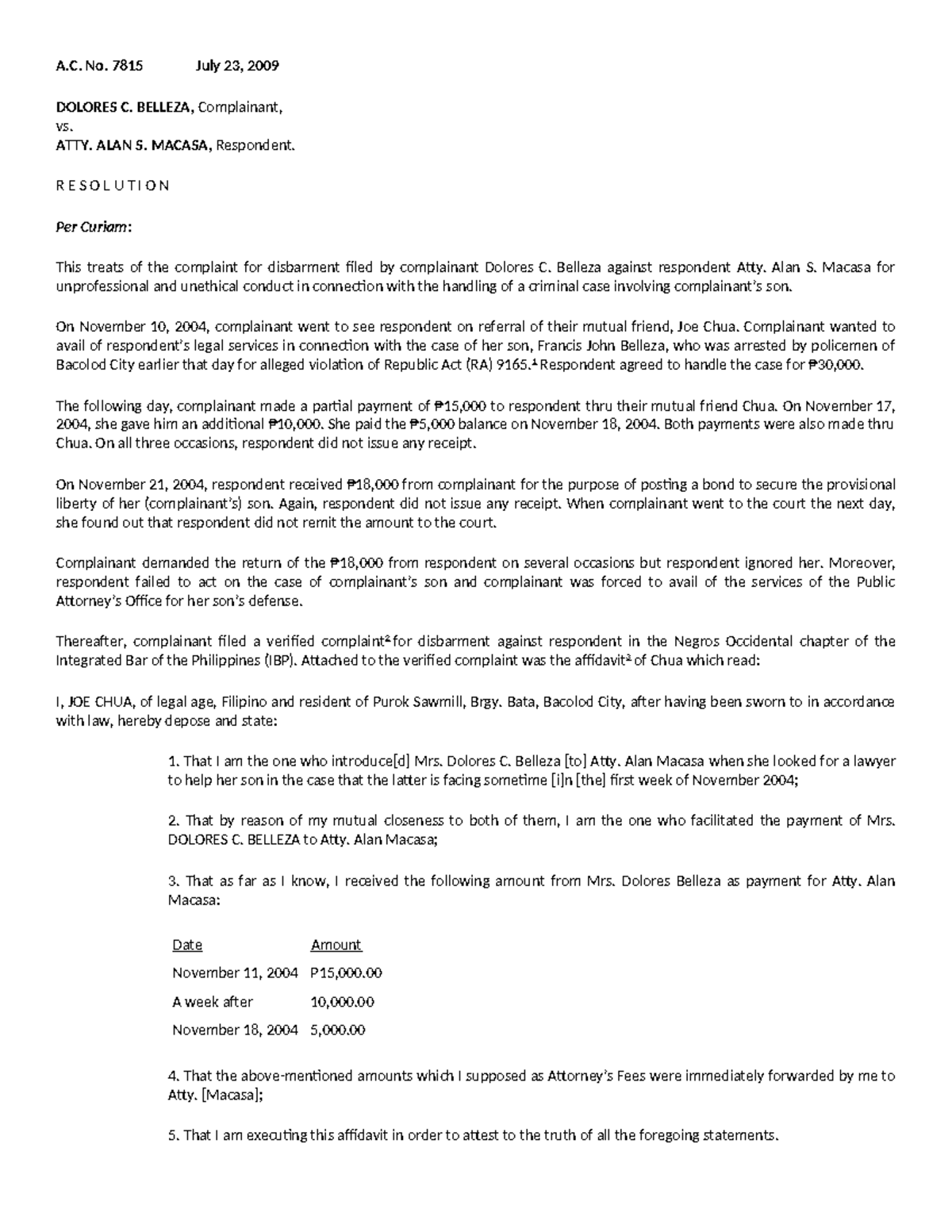 Disbarment Case Resolution: Belleza vs. Macasa (A.C. No. 7815) - Studocu