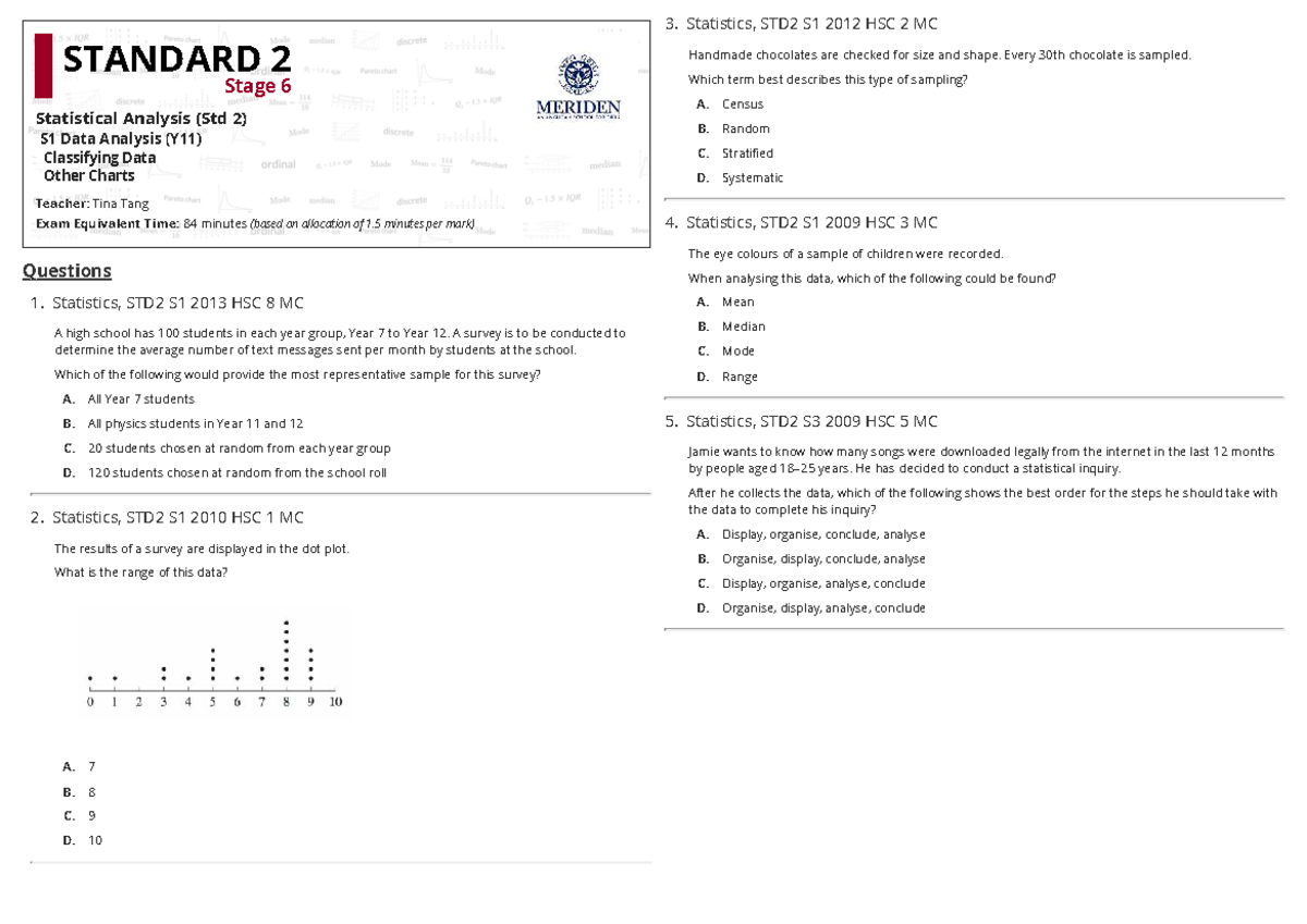 Statistics Practice Questions for HSC - Standard 2 - Studocu