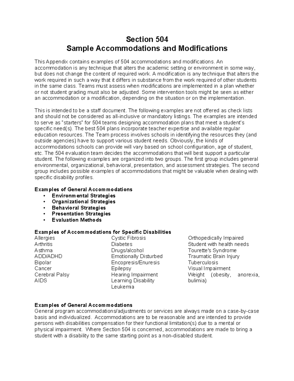 Common Section 504 Accommodations and Modifications Guide - Studocu