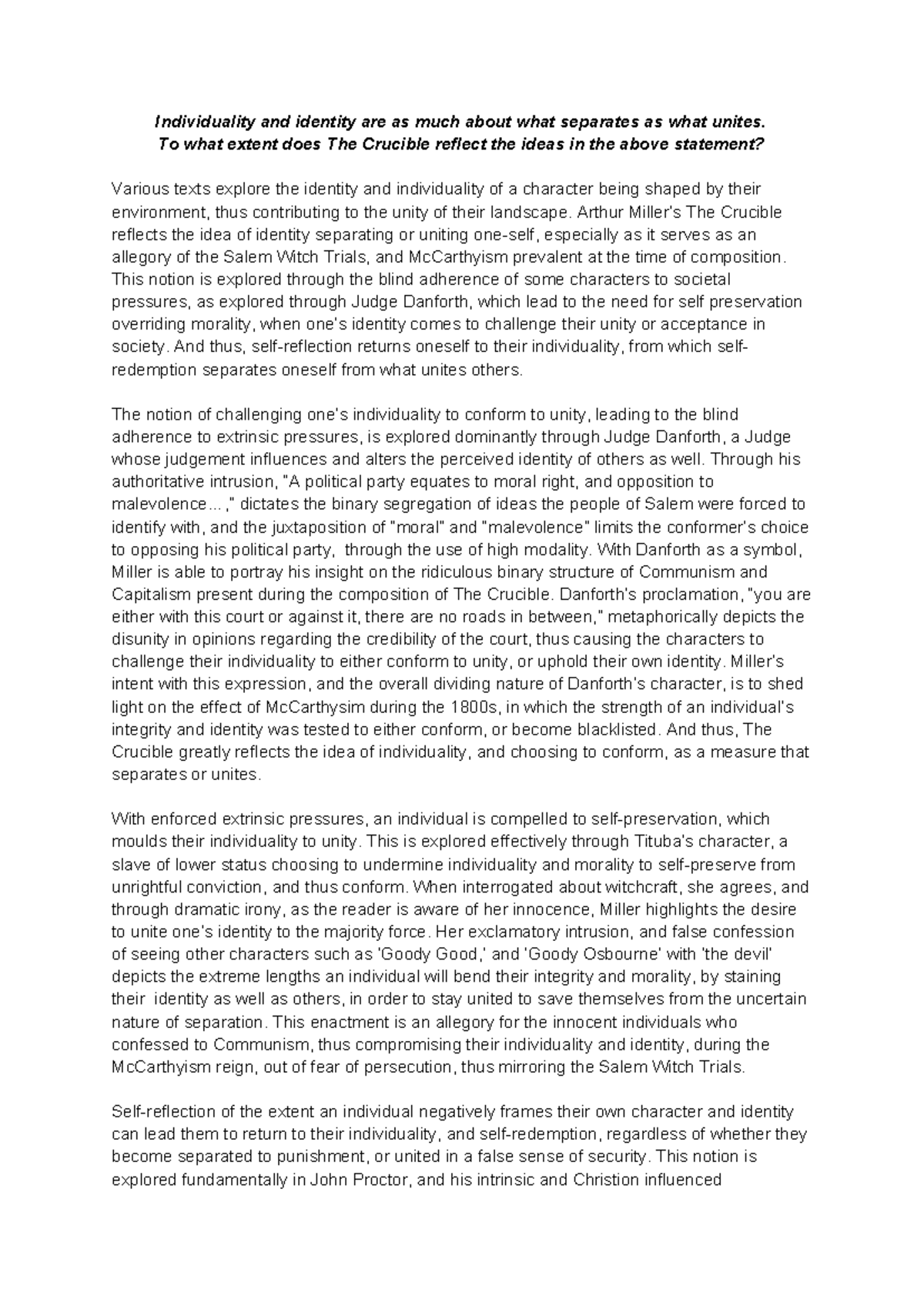 ENG 101: Final Essay on Individuality and Unity in The Crucible - Studocu