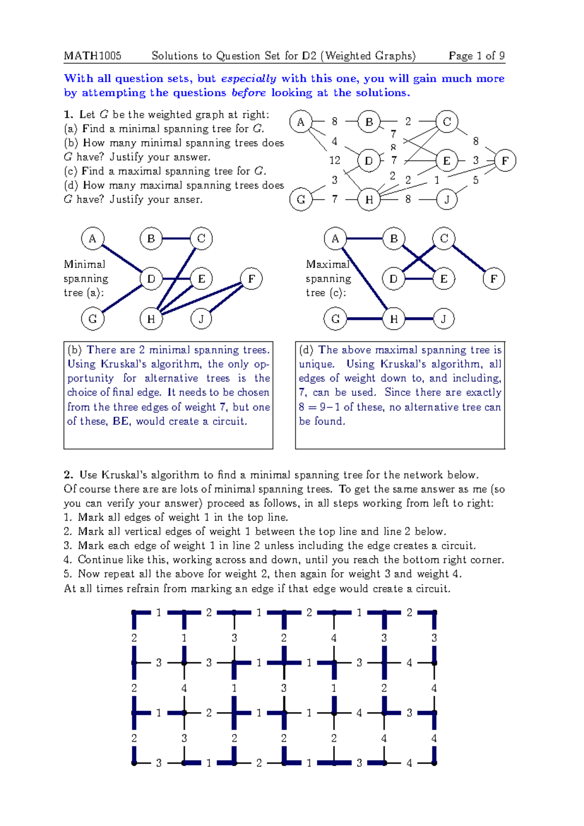 MATH1005 Solutions to Question Set D2: Focus on Weighted Graphs - Studocu