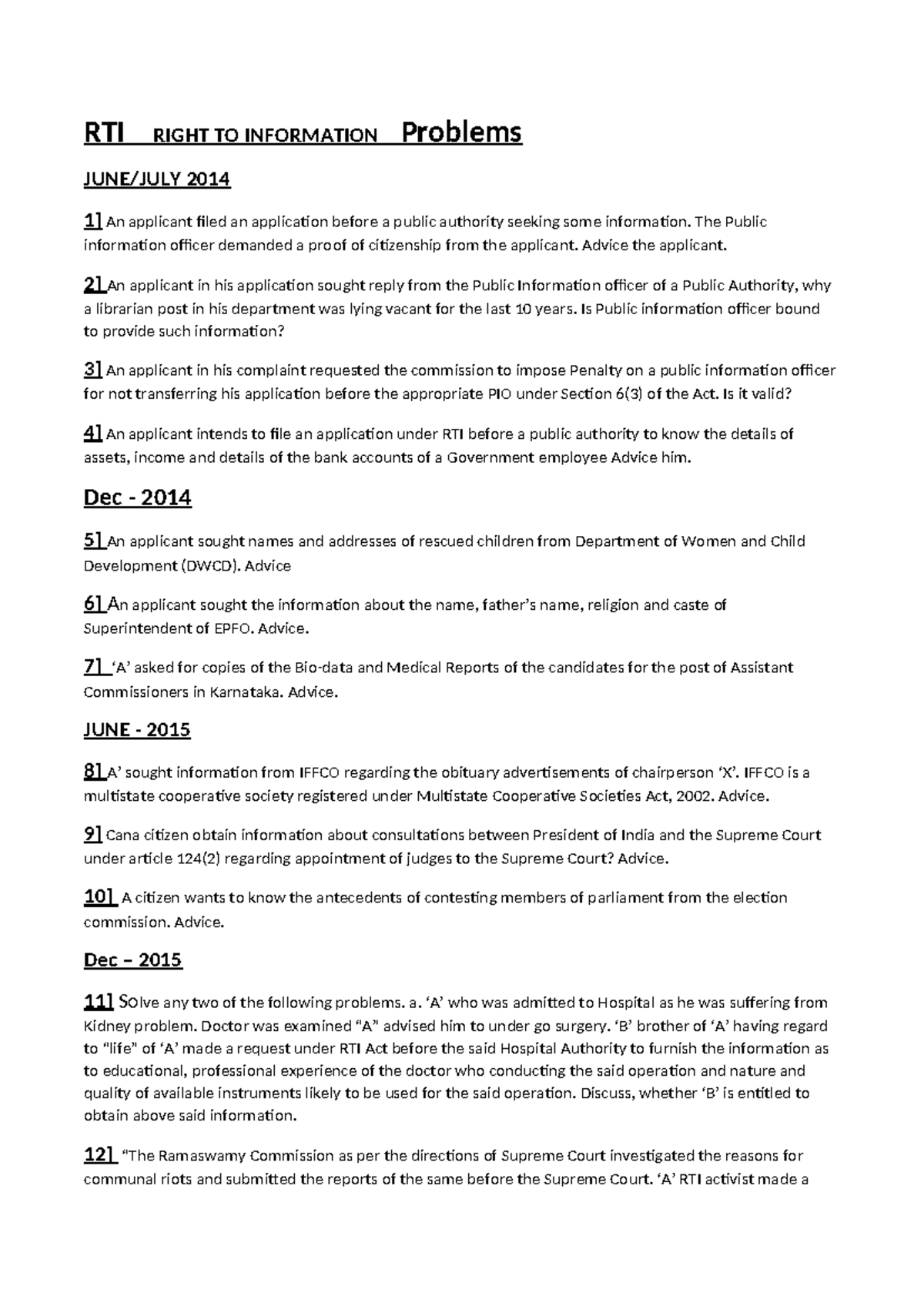RTI Problems & Case Studies: Legal Advice & Analysis 2014-2021 - Studocu