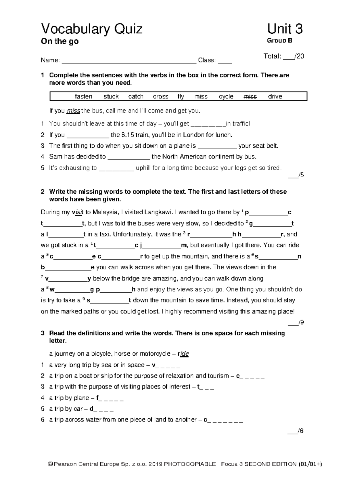 Focus 3 2E Vocabulary Quiz Unit 3 for Group B - Studocu