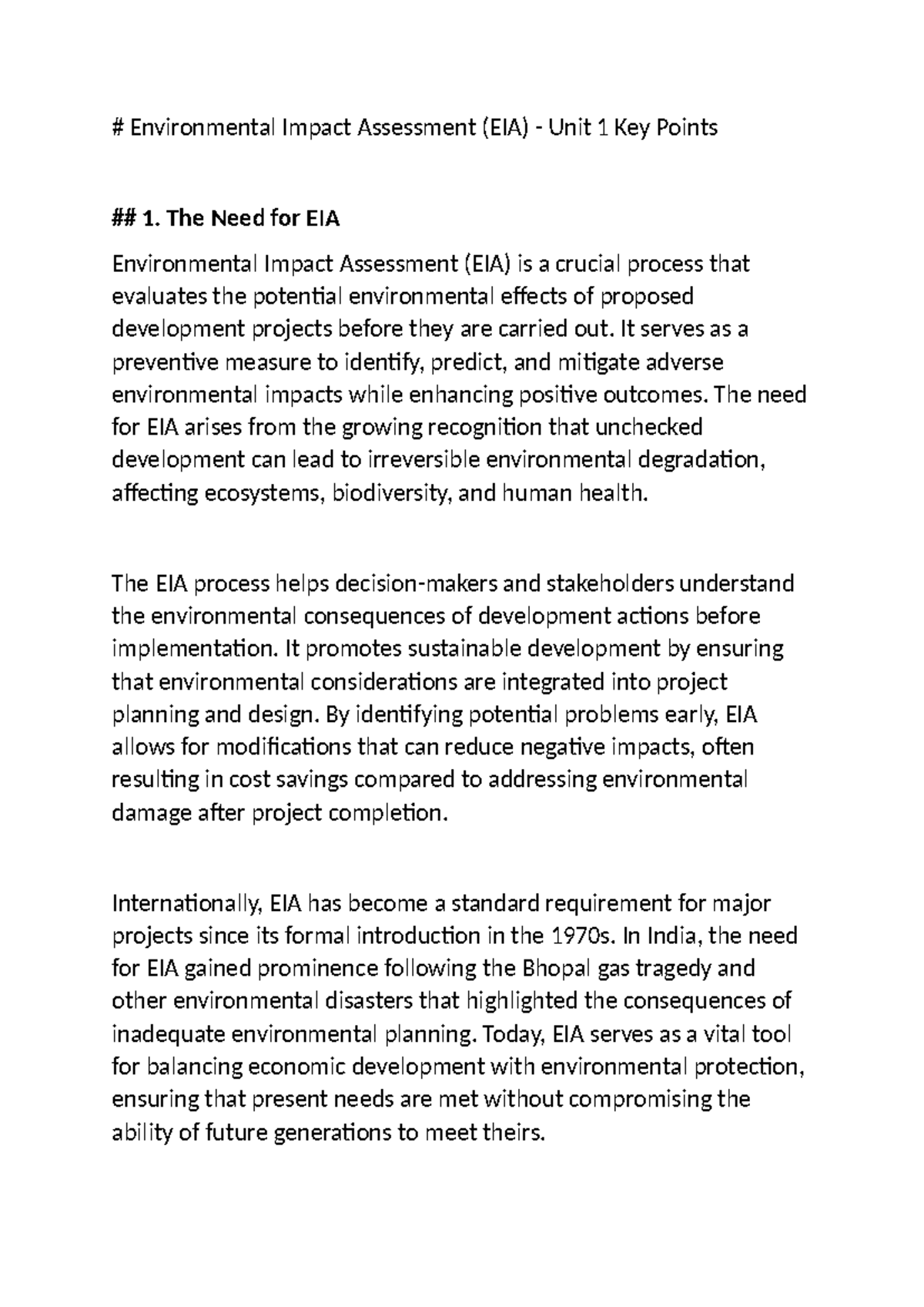 EIAA Unit 1: Key Points on Environmental Impact Assessment - Studocu