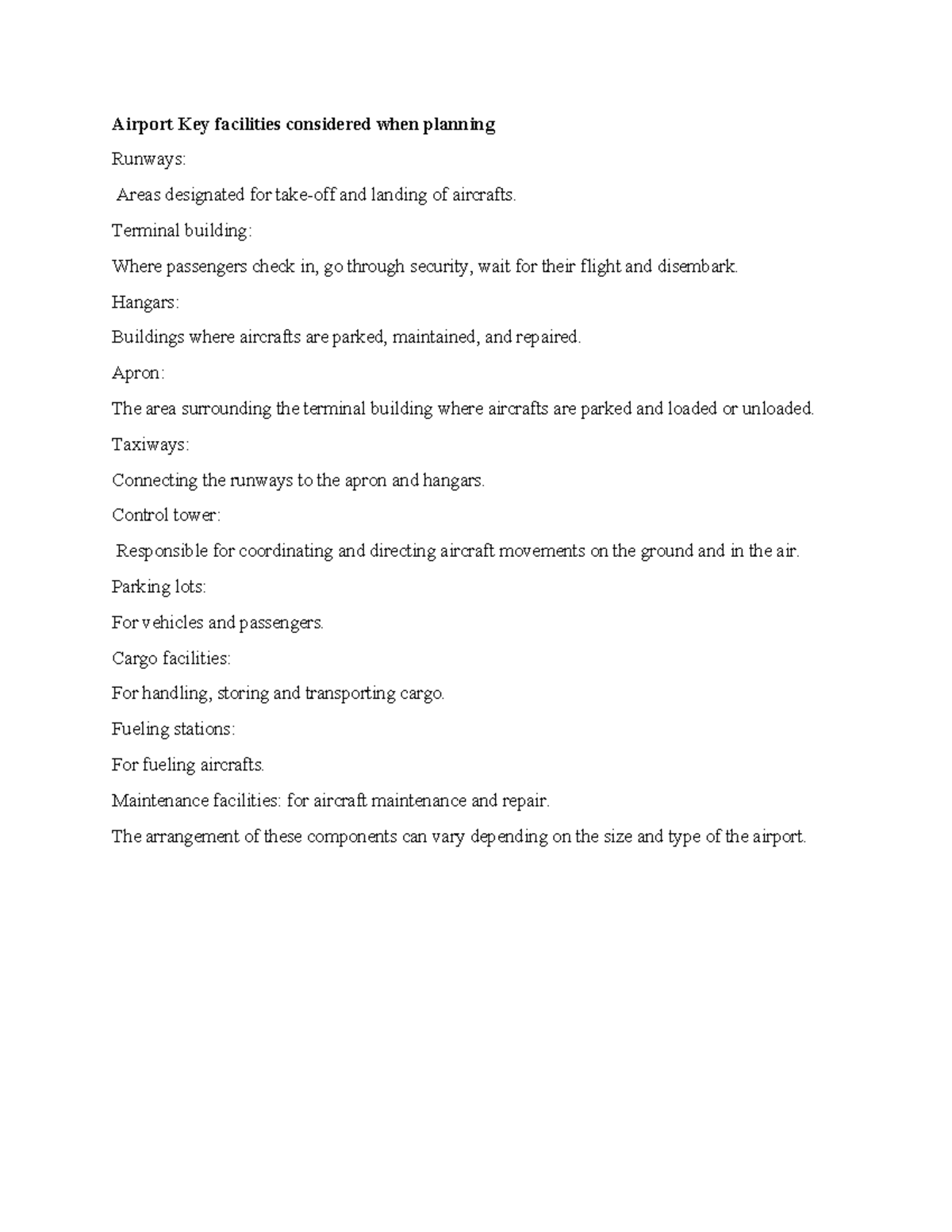 Airport Key Facility - Aviation - Airport Key facilities considered ...