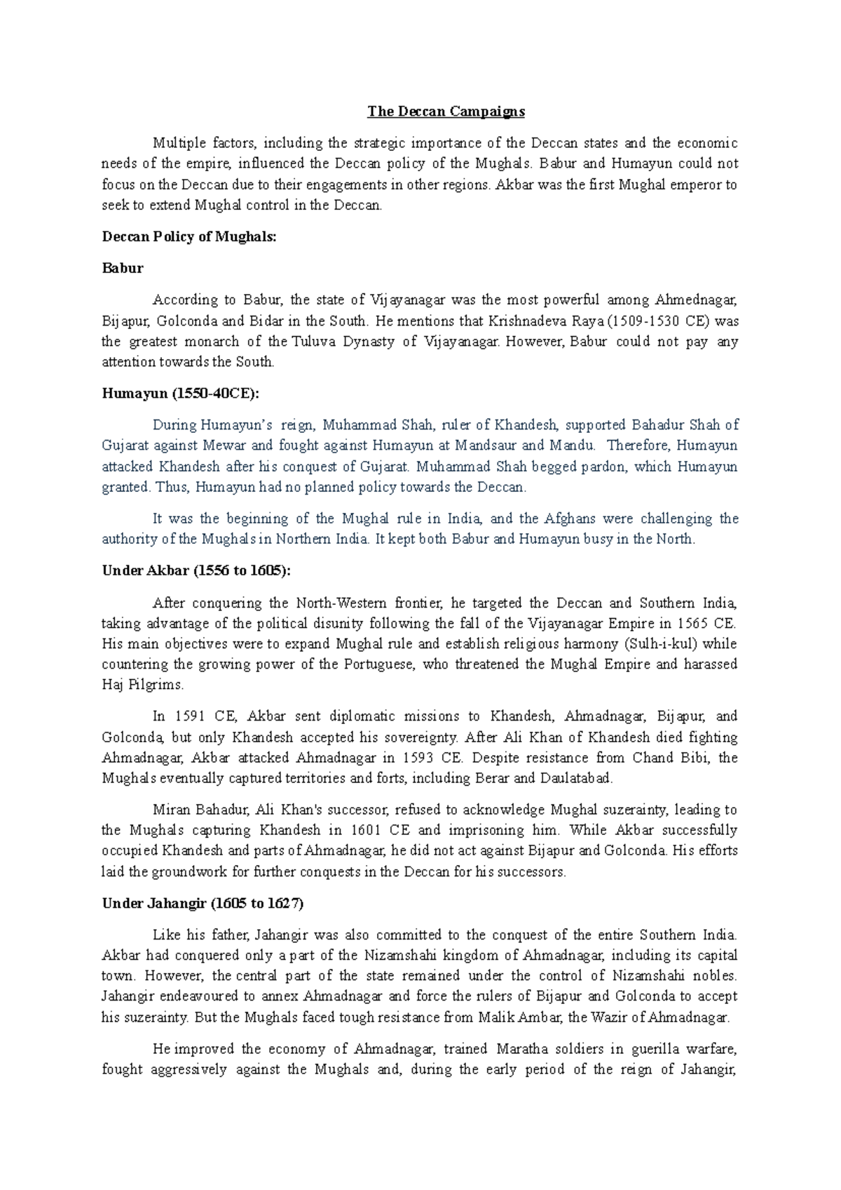 Deccan Campaigns: Mughal Strategies and Conquests (HIST 101) - Studocu