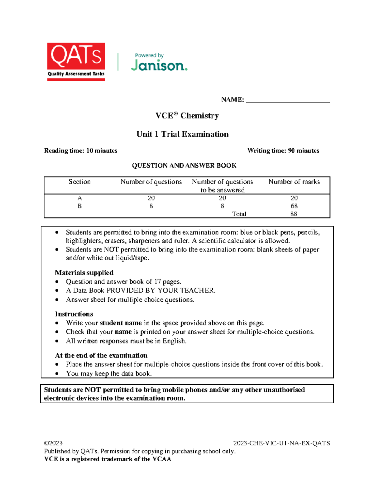 VCE Chemistry Unit 1 Trial Exam Questions and Answers 2023 - Studocu