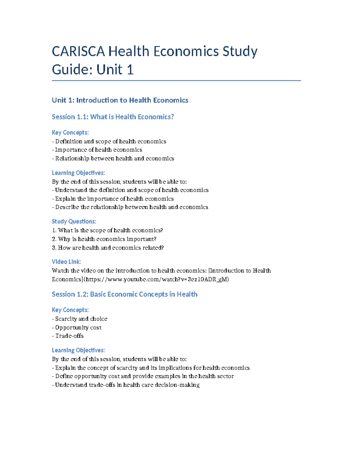Carisca Health Economics Unit 1 - CARISCA Health Economics Study Guide ...