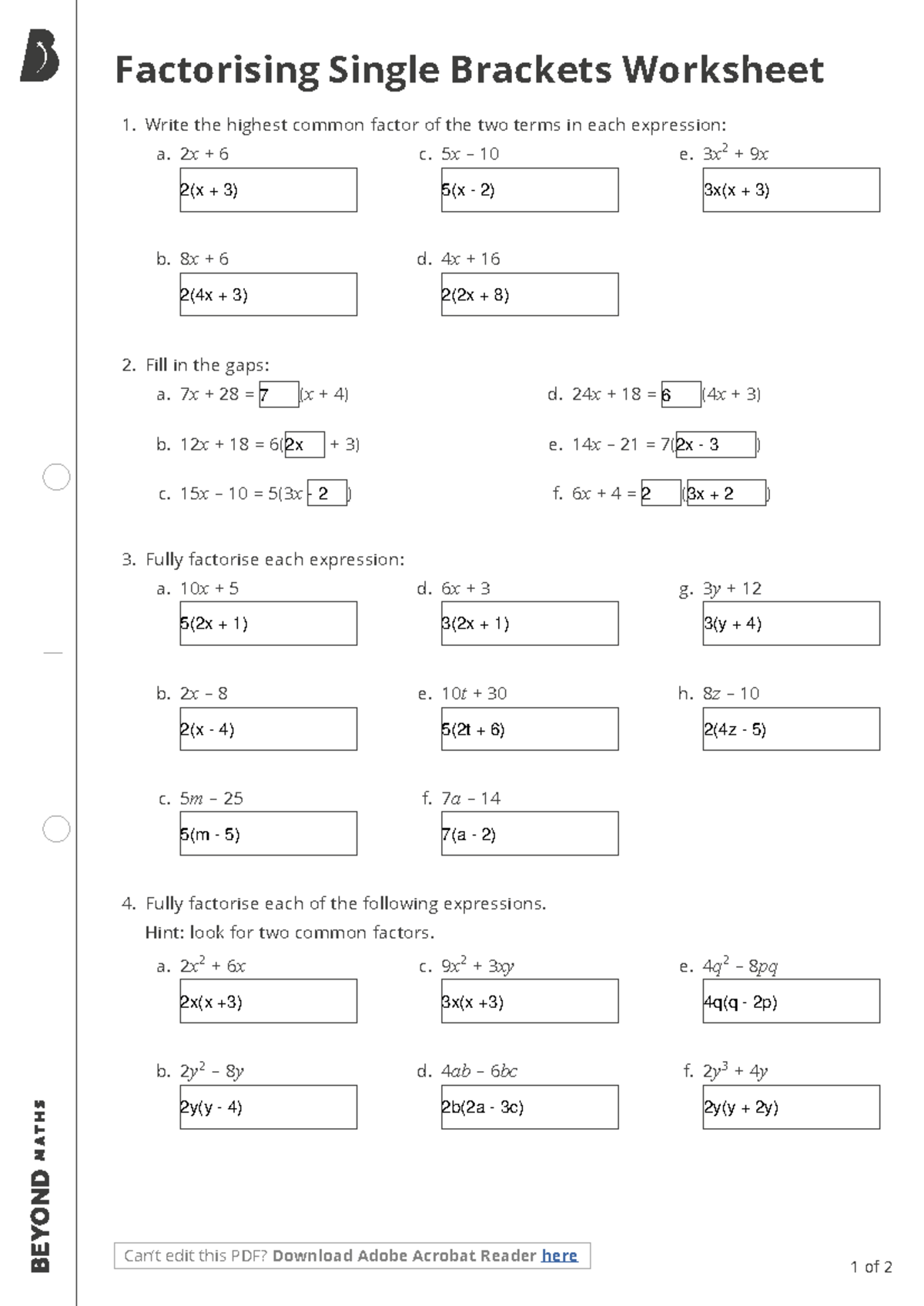 Factorising Single Brackets Worksheet 1: HCF & Full Factorisation - Studocu