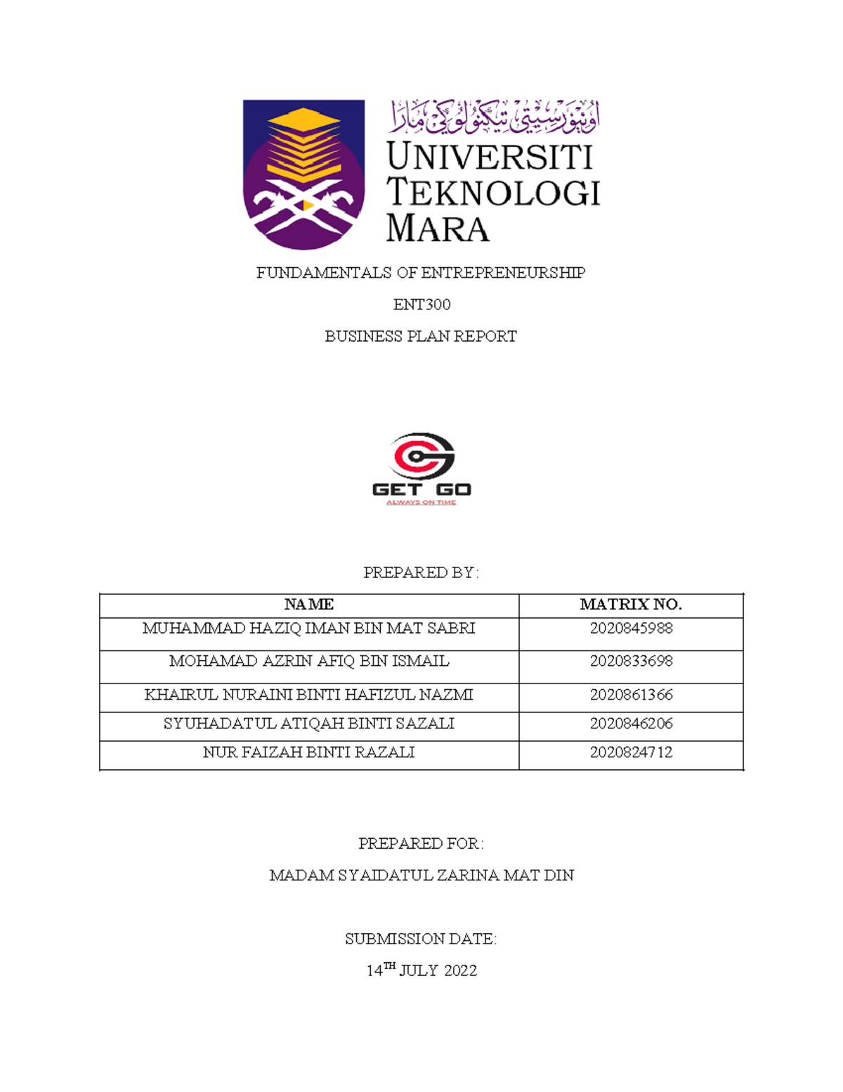 ENT300 Group Assignment - Business Plan Report Overview - Studocu