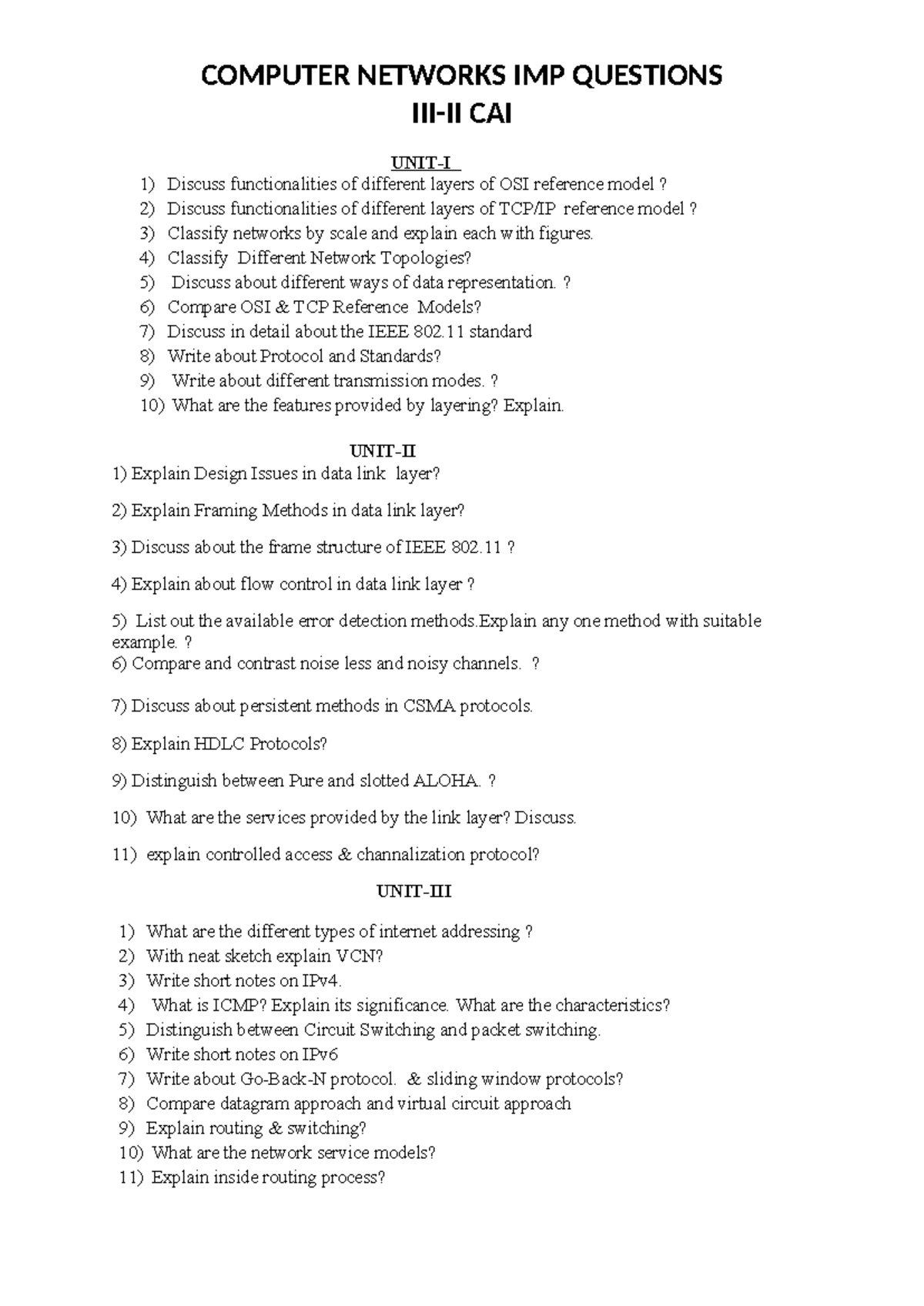 DC IMP - Only DC is here - COMPUTER NETWORKS IMP QUESTIONS III-II CAI ...