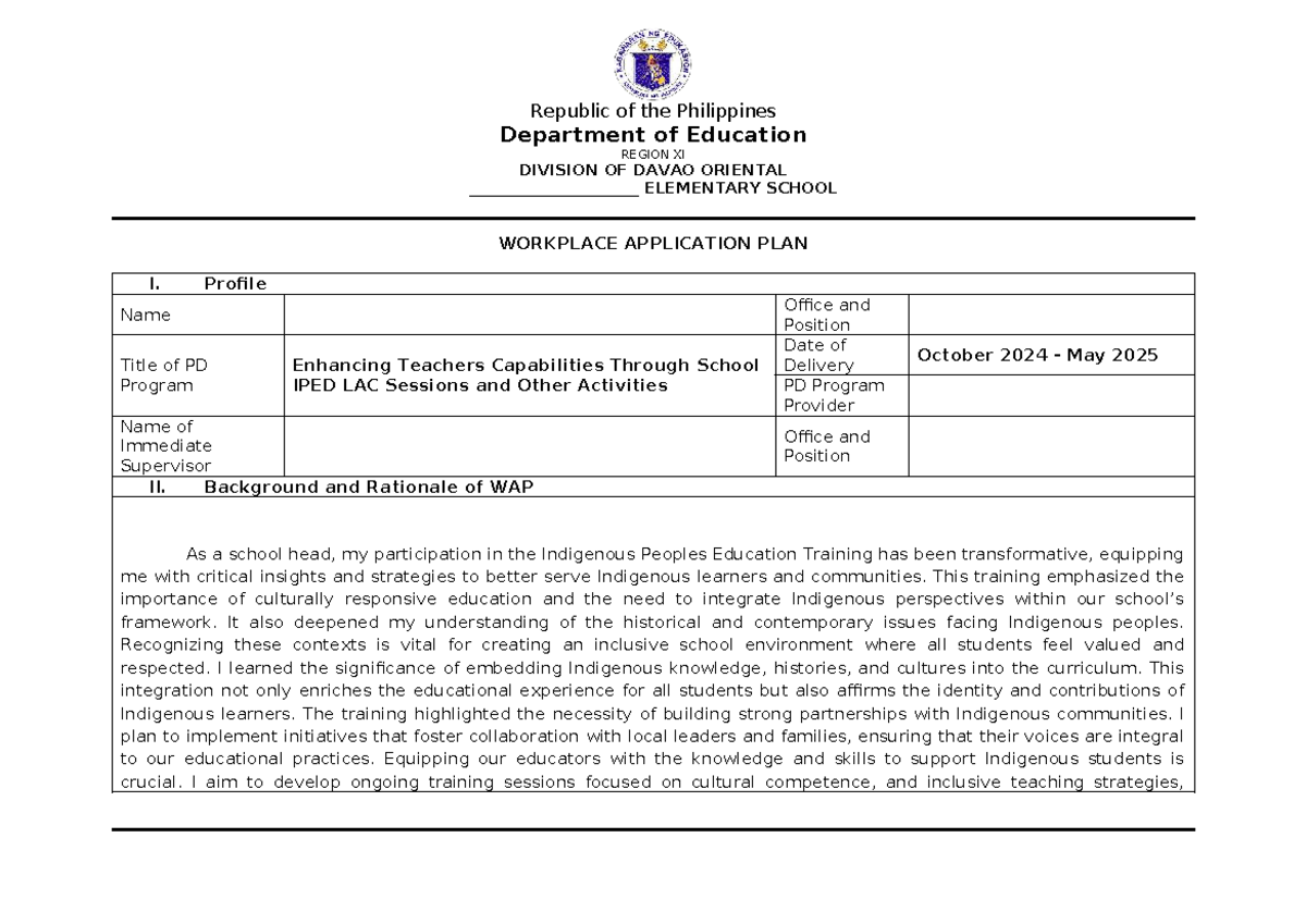 BSD Workplace Application Plan: Enhancing Teacher Capabilities in IPED ...