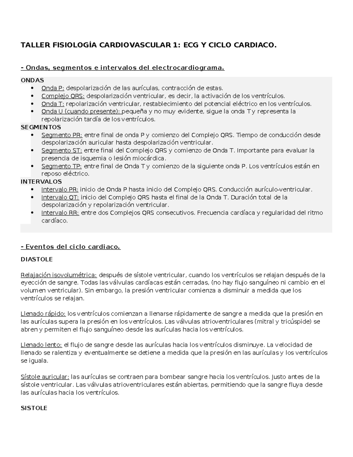 TALLER FISIOLOGÍA CARDIOVASCULAR 1: ECG Y CICLO CARDIACO - Document Preview