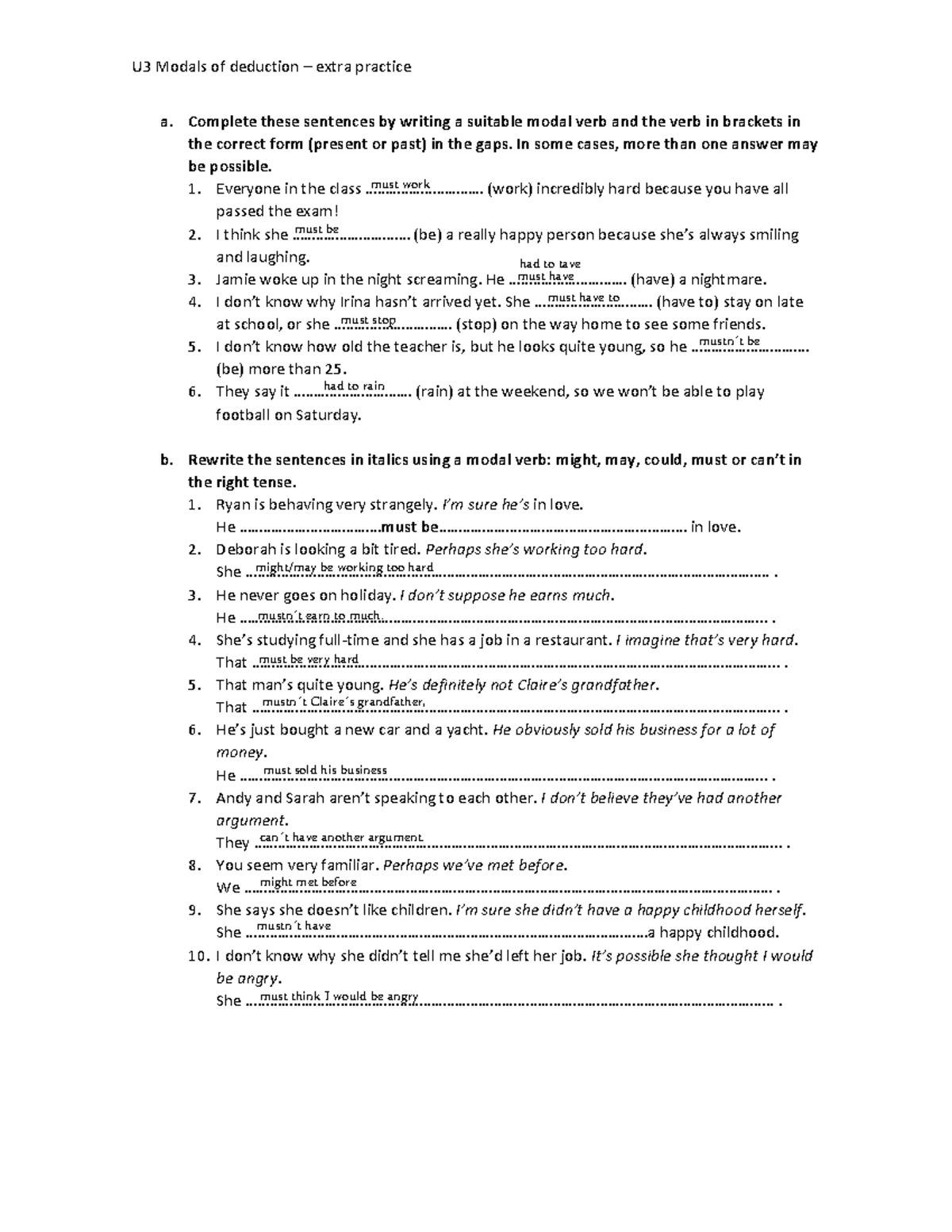 U3 Modals of Deduction - Extra Practice Exercises and Solutions - Studocu